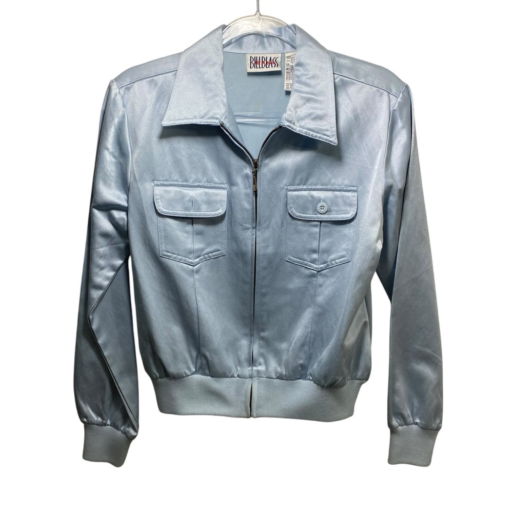 Bill Blass Vintage Satin Bomber Y2K 90s Cosmic Rave Jacket Women S Powder‎ Cloud